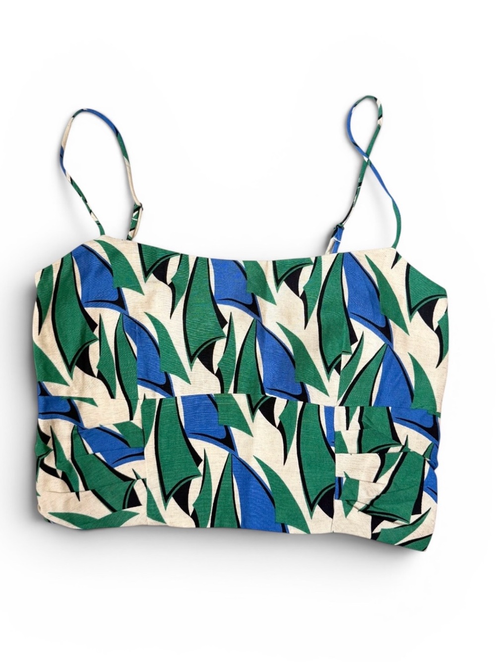 Zara Blue & Green Leaf-Print Smocked Top